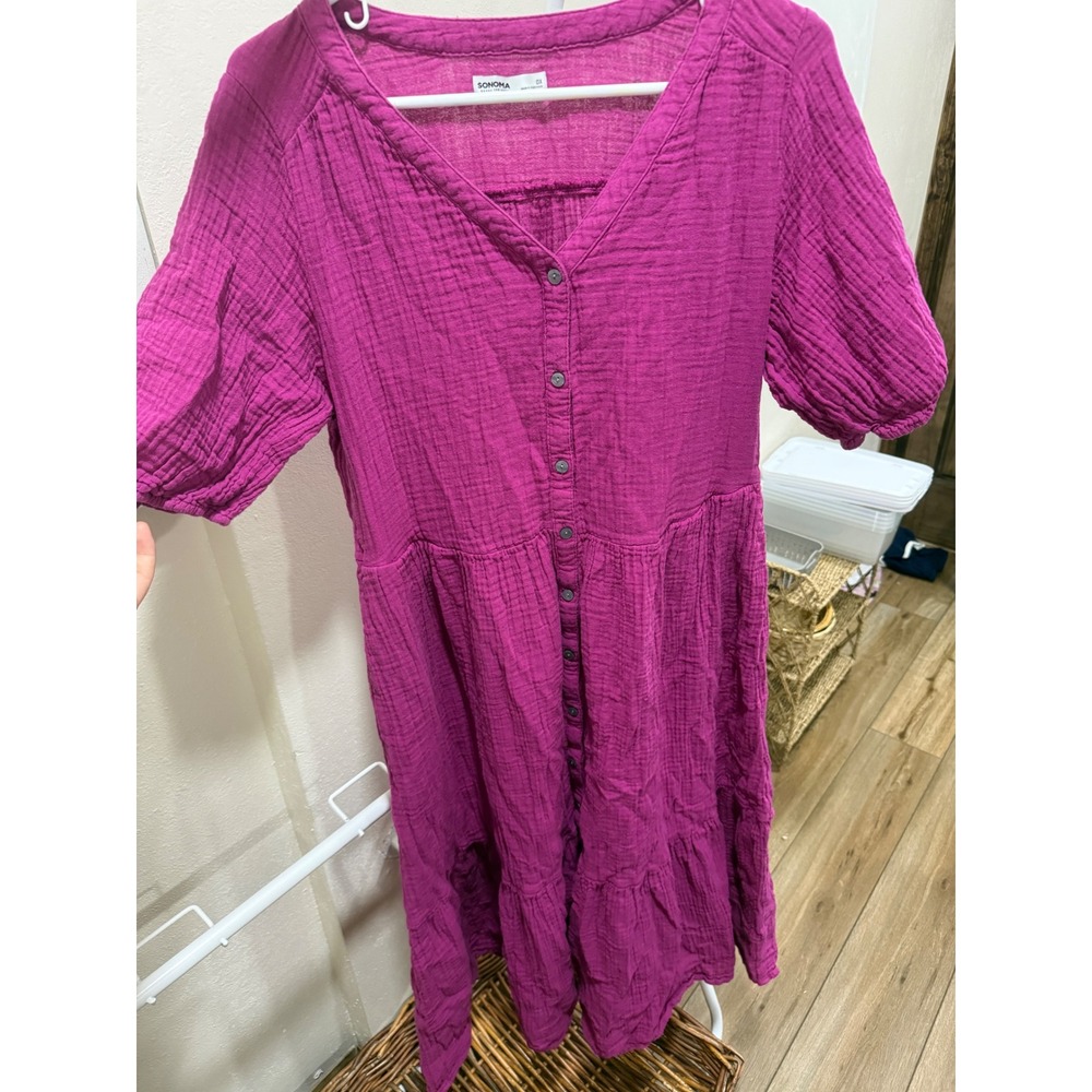 Sonoma Magenta Purple Double Gauze Button Front Tiered Midi Dress Plus Size 0X
